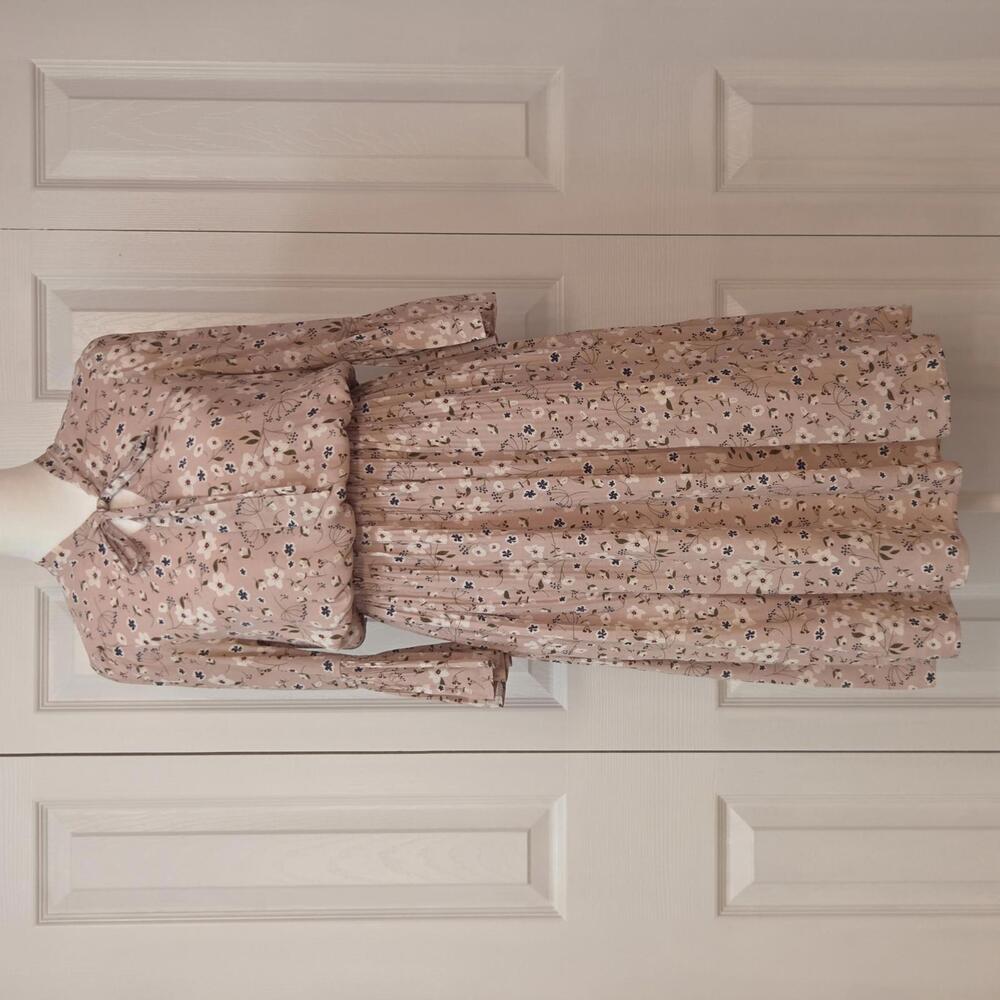 Cottagecore Dusty Rose Floral Midi Dress ONLY Size XS Retro 90s Office Tie Neck